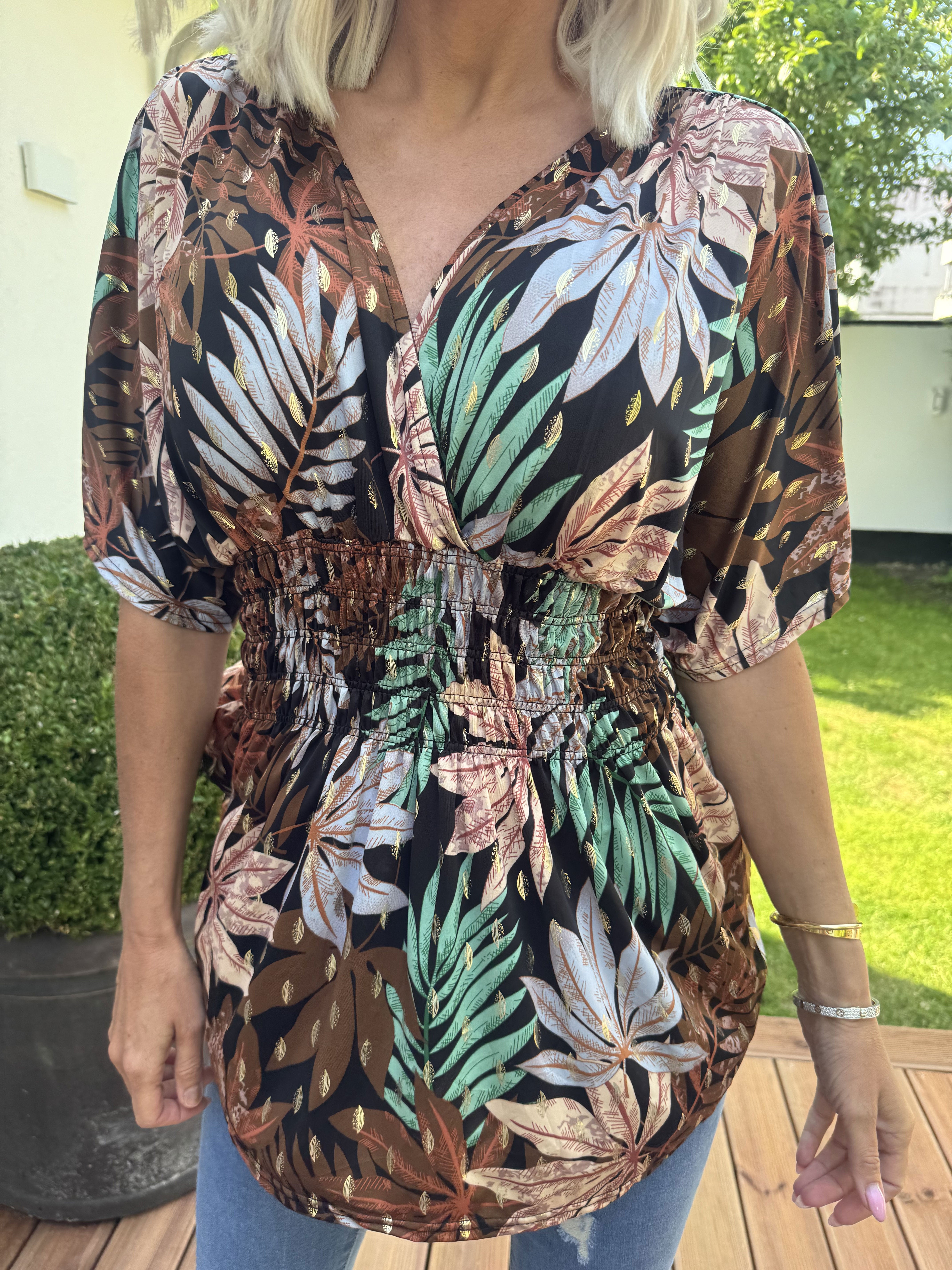 Pams Leaf Shirt S/S - Sød tunika i blomsterprint med smock